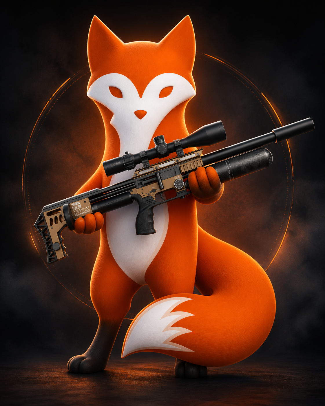 QD Fox mascot holding a precision airgun